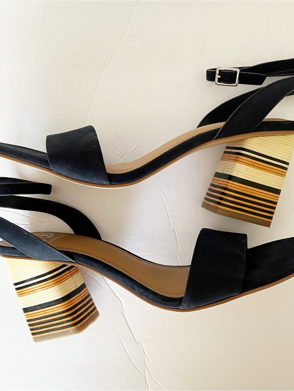 Gianni Bini Black Suede Block Heel Sandals with Striped Wood-Effect Heel